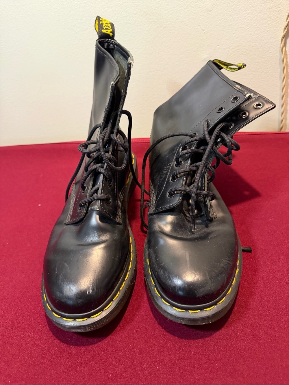 Dr. Martens Black Leather Lace-Up Boots with Yellow Stitching us 9